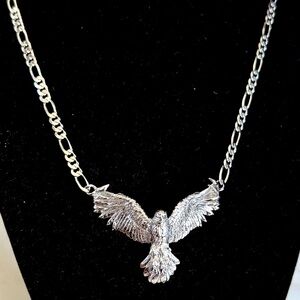 ZIYKRA Flying Eagle Necklace Crystal Pendant Silver Figaro Chain Rhodium S925